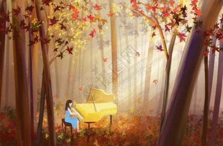 秋季树林里弹琴的女孩GIF图片