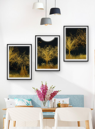 家居纹理金色质感轻奢植物风景装饰画模板