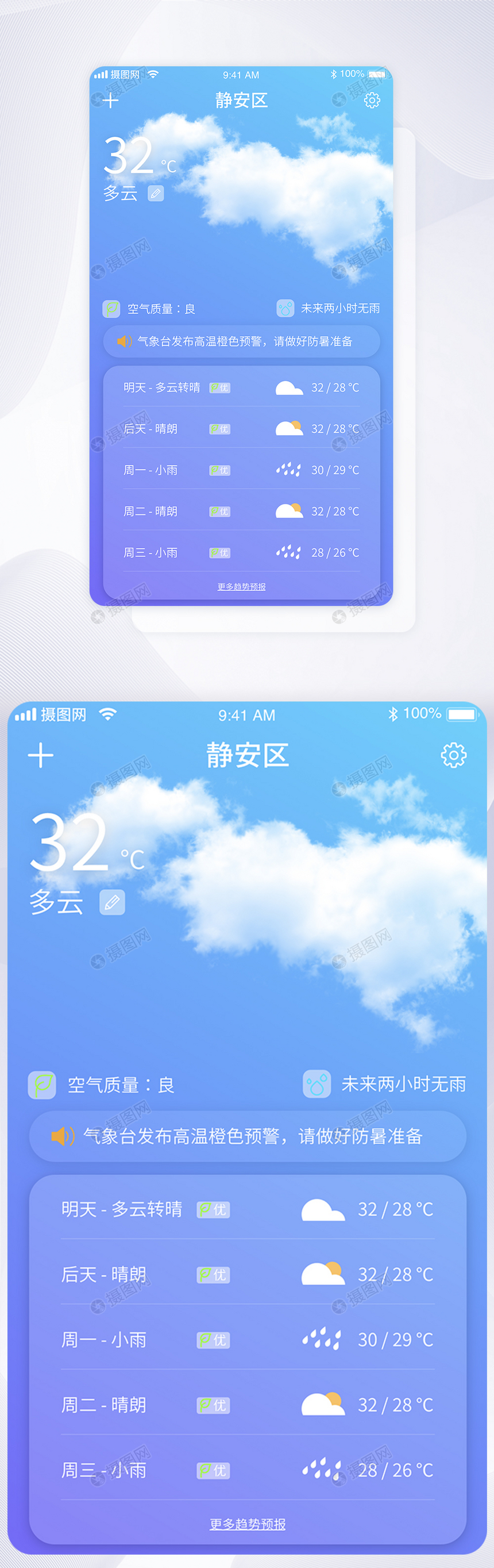 UI设计蓝紫天气预报手机APP界面图片