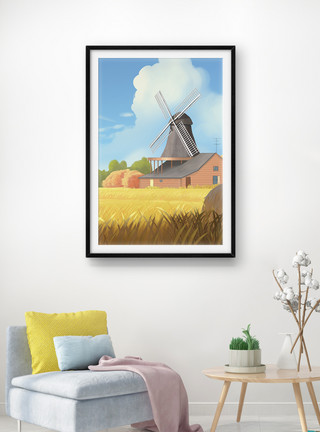 荷兰风车插画北欧乡村风情风车装饰画模板