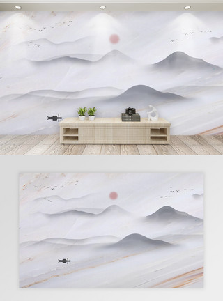 蓝天山水大理石纹理中国风山水画背景墙模板