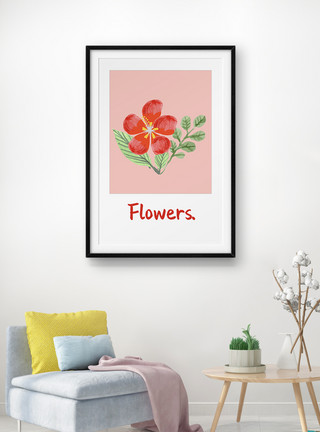 红色小花装饰框原创手绘水彩夏季花朵装饰画模板