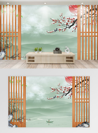 海洋风格边框新中式浮雕效果背景墙模板