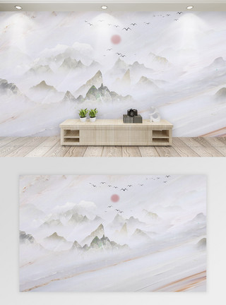 山水河流大理石纹理中国风山水画背景墙模板