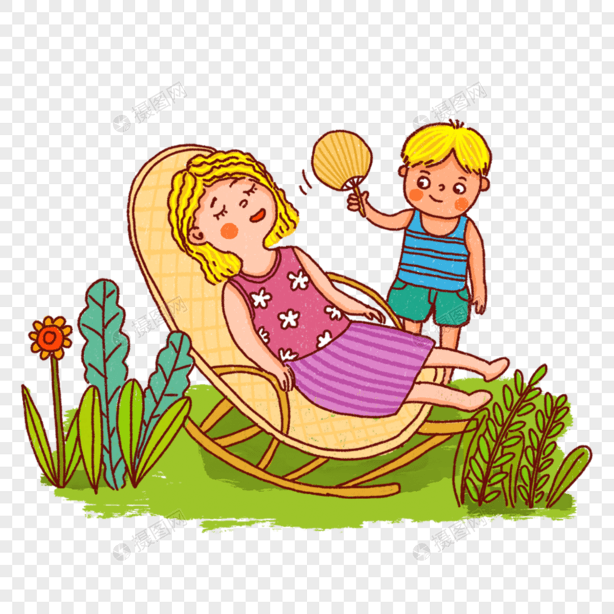 坐在竹摇椅的老人扇扇子的男孩人物卡通奶奶夏天睡觉清凉休息植物手绘插画可爱图片