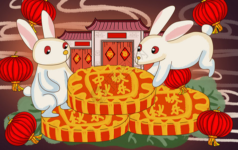 中秋兔子和月饼背景图片
