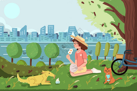 吃冰棒图片处暑女生在树荫下和狗狗乘凉吃冷饮插画