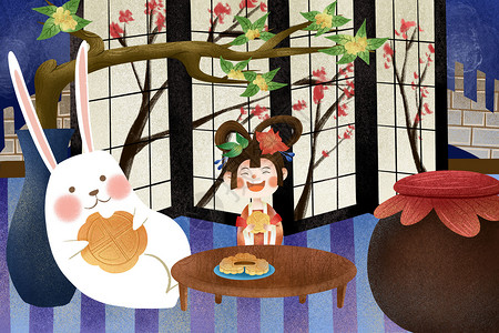 中秋嫦娥和玉兔吃月饼背景图片
