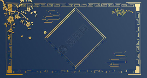 金色橄榄枝花边中国风蓝色背景设计图片
