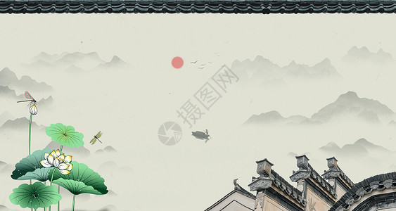 花卉古风边框水墨中国风背景设计图片