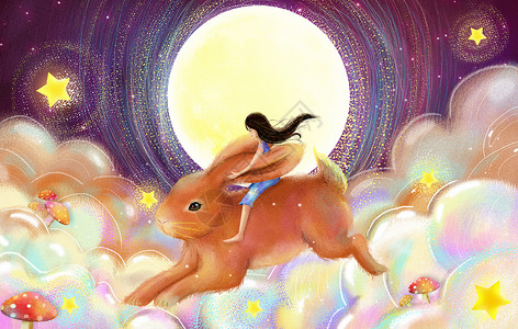 装饰云朵骑兔子的女生插画