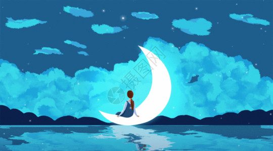 海洋渐变素材月亮上女孩的背影GIF高清图片