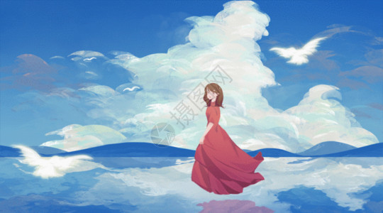 穿着蓝色碎花裙的海边夏日少女海边天空少女GIF动图高清图片