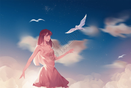 圣鸽保佑和平唯美女孩插画gif动图高清图片