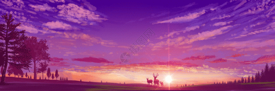 秋天鹿手绘日出时分的朝霞全景GIF高清图片