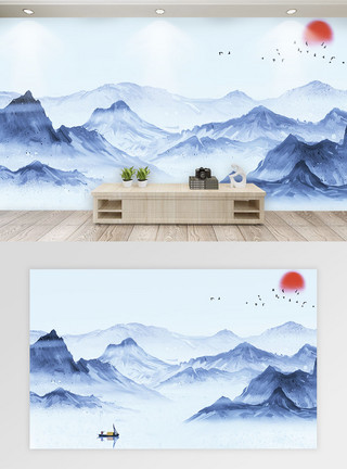 山水蓝天中国风山水画背景墙模板