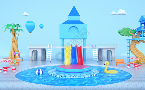 游泳池玩水夏日清新展台设计图片