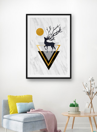 金色简约现代简约几何抽象森林麋鹿装饰画模板