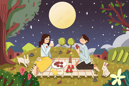 中秋节男女在外野餐赏月背景图片
