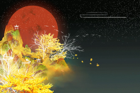 月亮夜景装饰画新中式风中秋动态插画GIF高清图片