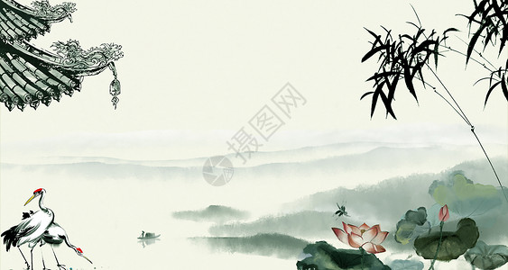 复古荷花边框水墨中国风背景设计图片