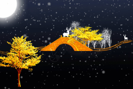 树木繁茂的金色新中式金色石拱桥GIF高清图片