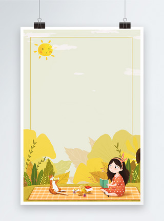 野餐小女孩秋天野餐海报背景模板