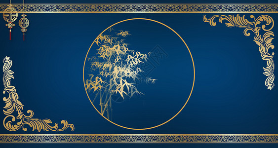 金色橄榄枝花边中国风蓝色背景设计图片
