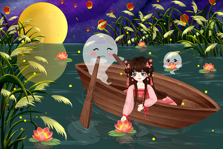 放河灯的小女孩中国传统节日中元节插画