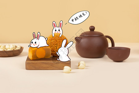 雕像框创意中秋节兔子吃月饼插画