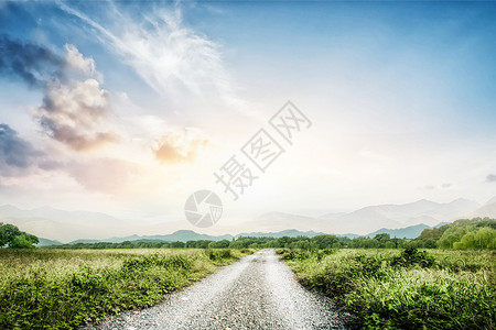 黄昏风景草乡村道路设计图片