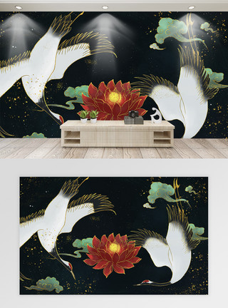 仙鹤壁纸轻奢中国风仙鹤与红莲电视背景墙模板