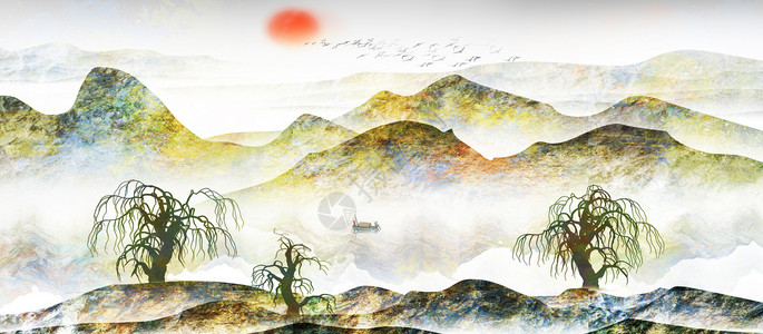 中国风山水水墨插画图片
