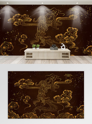 古风烫金素材中国风鲤鱼电视背景墙模板