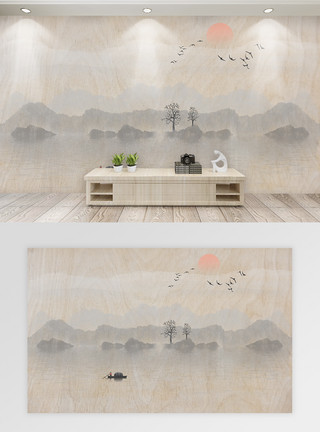 山水河流复古纹理中国风山水背景墙模板