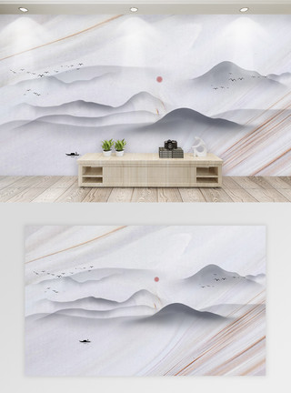 河流蓝天大理石纹理中国风山水背景墙模板