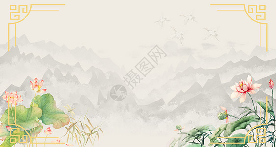 水彩植物边框水墨中国风背景设计图片