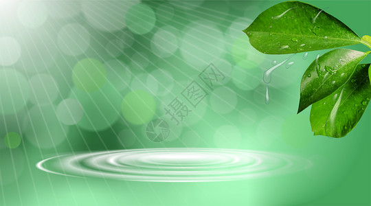 水滴和植物叶子清新绿色化妆品背景设计图片