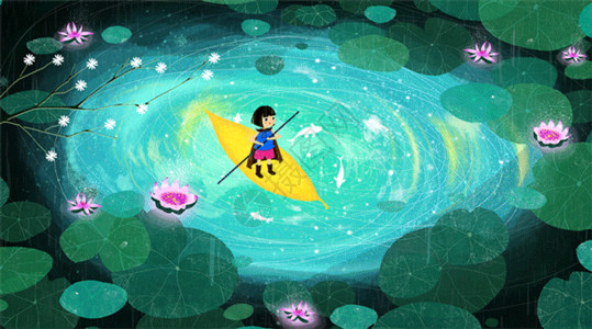 黄色镰鱼水中划船的小女孩插画gif动图高清图片