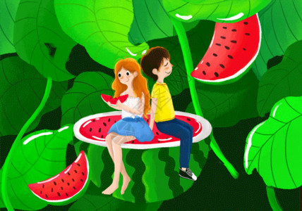 坐在沙滩椅上吃西瓜的情侣处暑节日插画gif动图高清图片