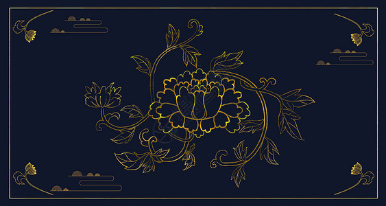 金色花卉边框中国风蓝色背景设计图片