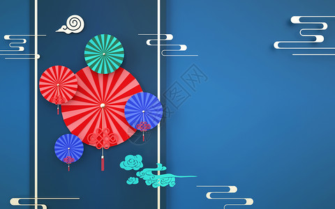 风筝剪纸蓝色中式背景设计图片