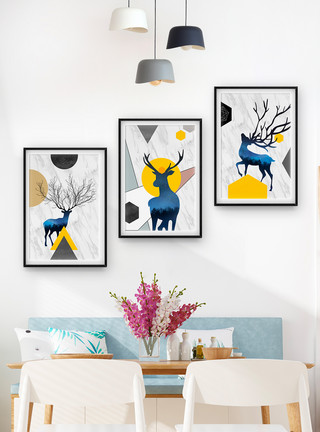 现代简约麋鹿装饰画北欧水墨麋鹿客厅三联装饰画模板