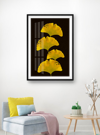 室内艺术高端现代简约抽象水彩金色叶子轻奢装饰画模板