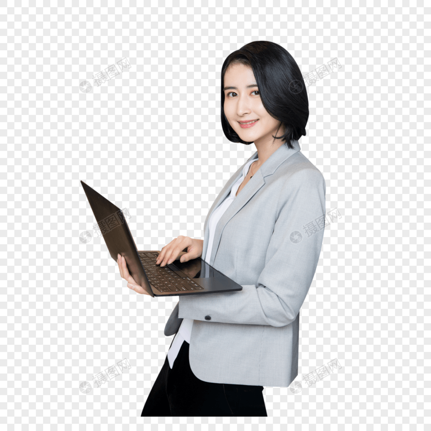 职场女性手拿笔记本电脑图片