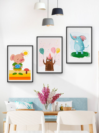 儿童房间装饰画现代温馨贝占风格时尚卡通动物装饰画模板