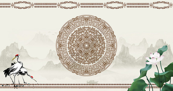 复古荷花边框水墨中国风背景设计图片