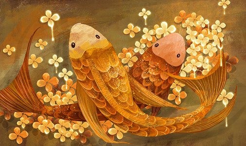 鹦鹉鱼重彩中国风金鱼金纹插画