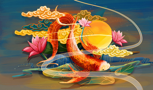 太阳图腾金鱼仙境重彩中国风插画