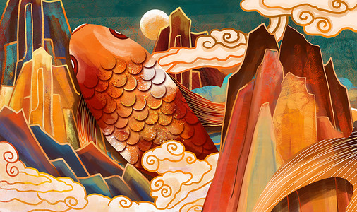 锦鲤重彩中国风背景图片